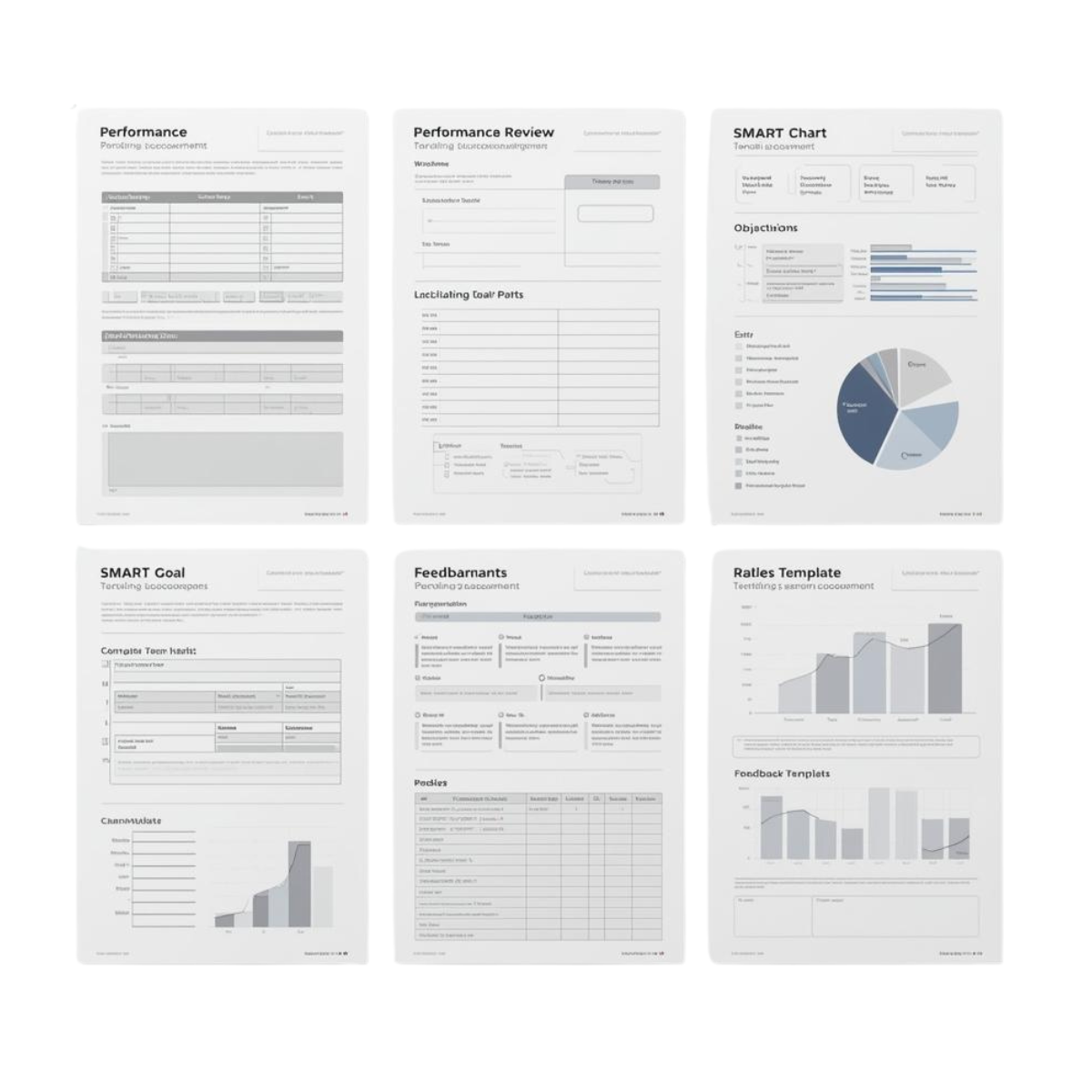 Performance review and goal-setting system templates including review forms, SMART goals, feedback tools, and calibration sheets displayed together.
