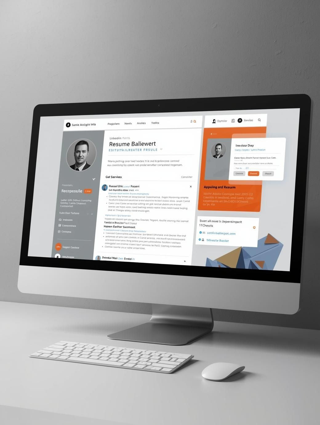 Digital resume and LinkedIn profile displayed on a sleek desktop screen with a professional grey, orange, and blue interface, showcasing structured career documents and profile optimization tools.