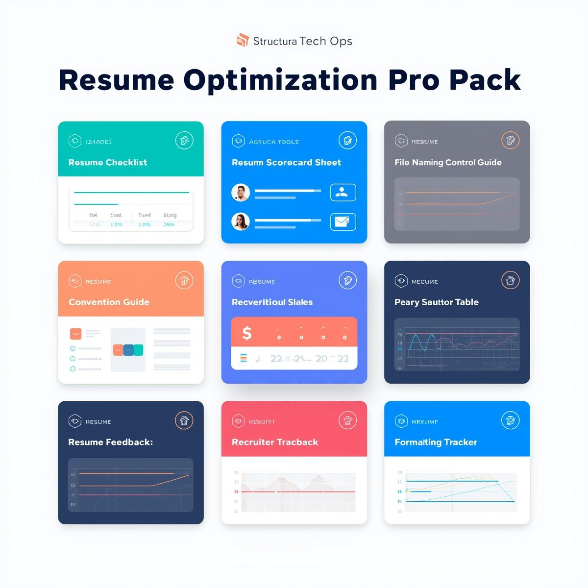 A flat-lay image of a digital Resume Optimization Pro Pack. Includes a resume audit checklist, recruiter feedback tracker, version control table, file naming convention guide, and scorecard sheet, styled in structured cards with blue, slate, and orange accents.