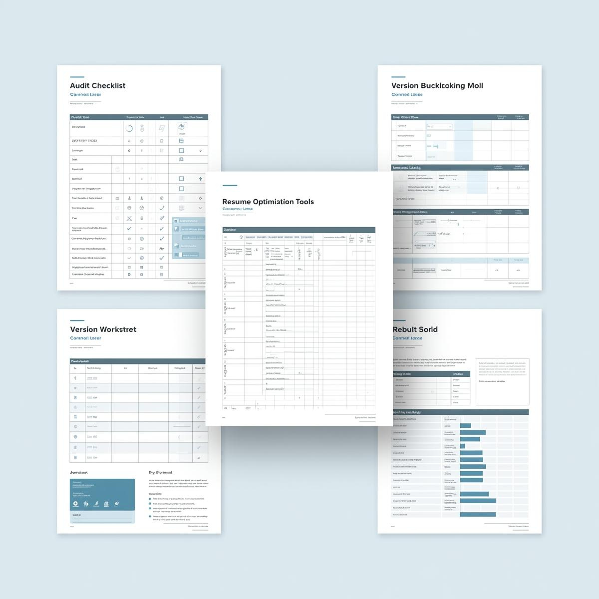 Structura Resume Optimization Pro Pack showing audit checklist, resume scorecard, version tracker, and rebuild worksheets