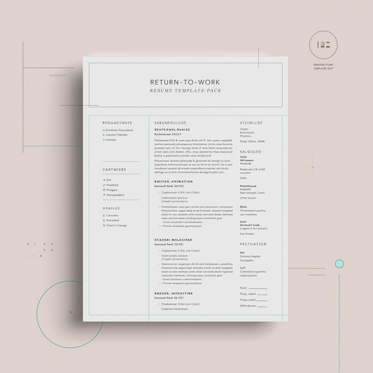 Return-to-Work Resume Template Pack for women — clean, modern resume mockup on a soft blush background with structured geometric accents, designed by Structura Tech Ops.