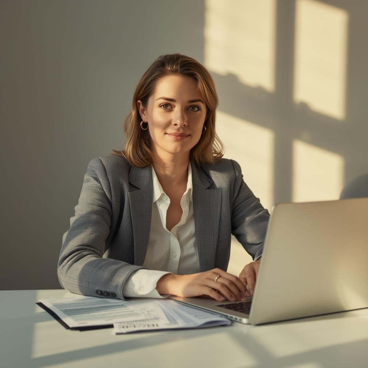 Professional woman in a light grey blazer seated at a desk with a laptop and open career documents, lit by soft golden light, representing confident return to the workforce.