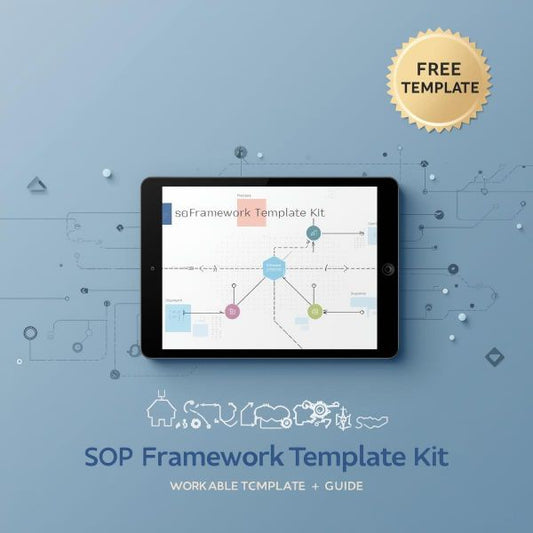 Flat-lay of a digital tablet displaying a structured workflow diagram on a gradient Structura blue background (#24ADE3 → #12235D). Faint dotted lines and process icons surround the tablet, representing organized systems and documentation. Badge reads “FREE TEMPLATE.” Text overlay: “SOP Framework Template Kit – Workable Template + Guide.” Designed in Structura Tech Ops™ style for clarity, structure, and operational efficiency.