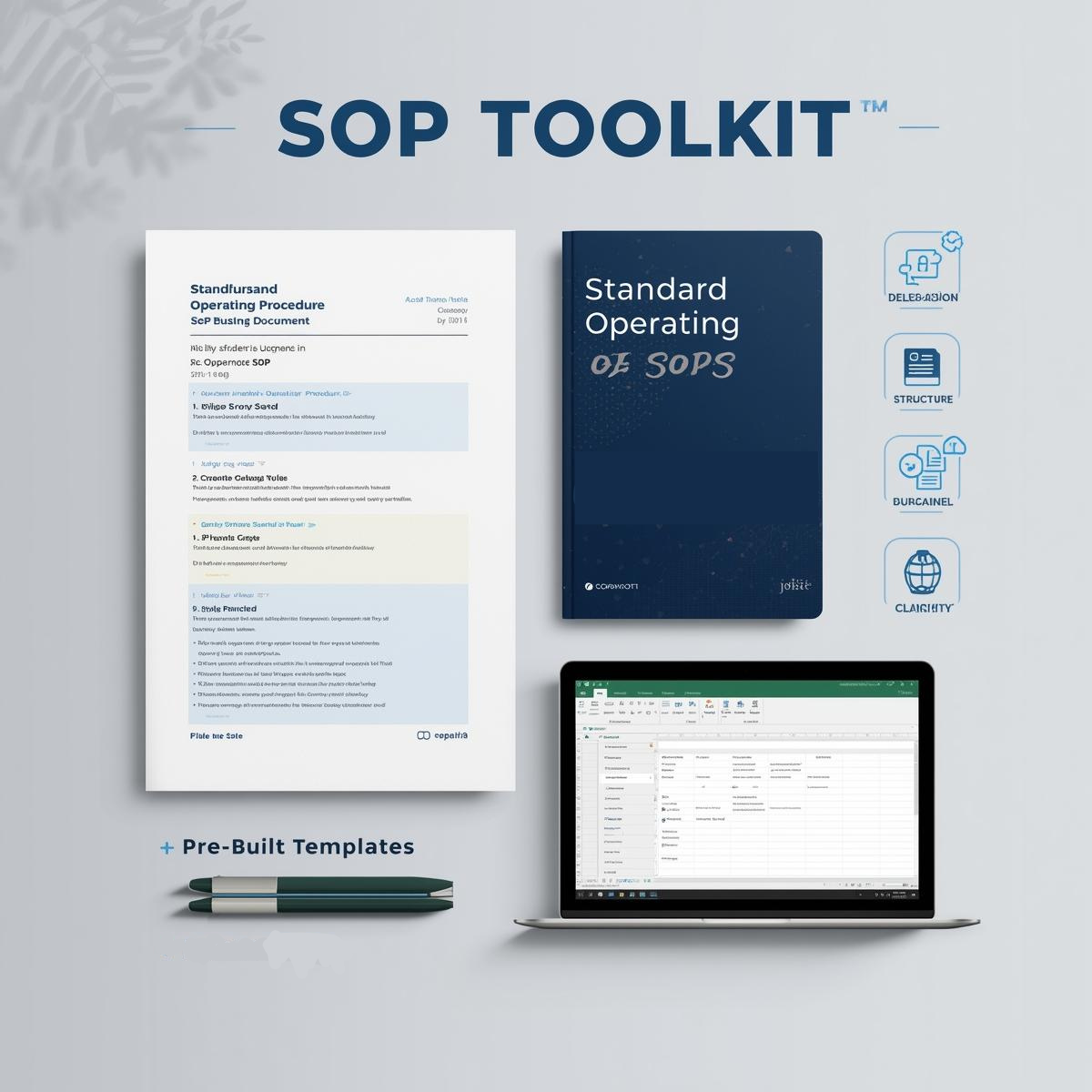 Flat lay of a printed SOP document, a style guide titled “Standard Operating of SOPs,” and a laptop displaying a spreadsheet SOP tracker. Overlay icons represent structure, clarity, and delegation — aligning to professional documentation systems.
