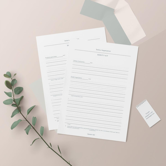 Women’s Salary Negotiation Script Kit — clean professional document mockup on a soft blush background with structured layout, designed by Structura Tech Ops