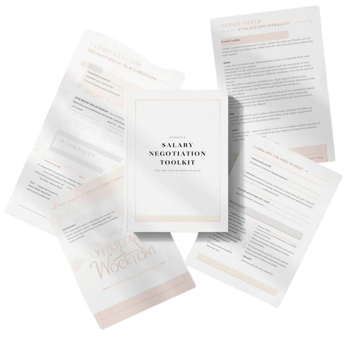 Elegant document flat-lay featuring labeled negotiation worksheets, salary evaluation forms, and professional script templates from the Structura Toolkit. Clean blush-and-white design with structured layout.