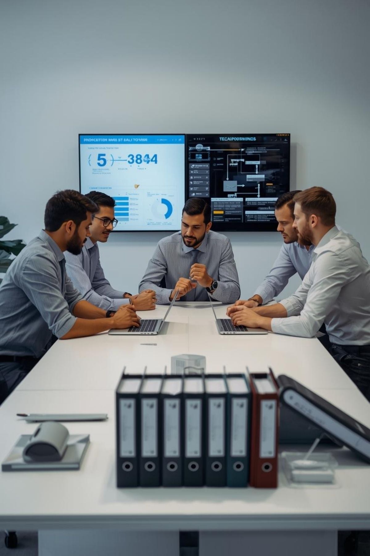 Business team collaborating in a modern Canadian office boardroom, reviewing workflow diagrams and operational system dashboards displayed on large screens. Clean, structured, process-focused environment.