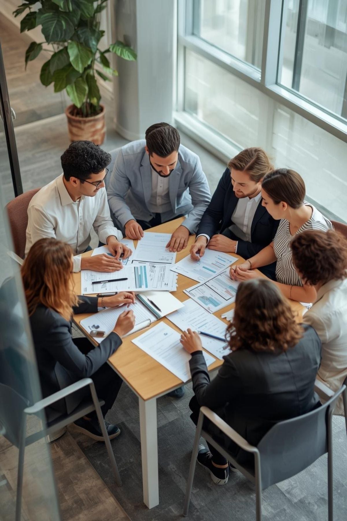 HR and leadership team reviewing job descriptions, interview scorecards, and onboarding plans in a bright, modern Canadian office. People-centered, structured talent system environment.