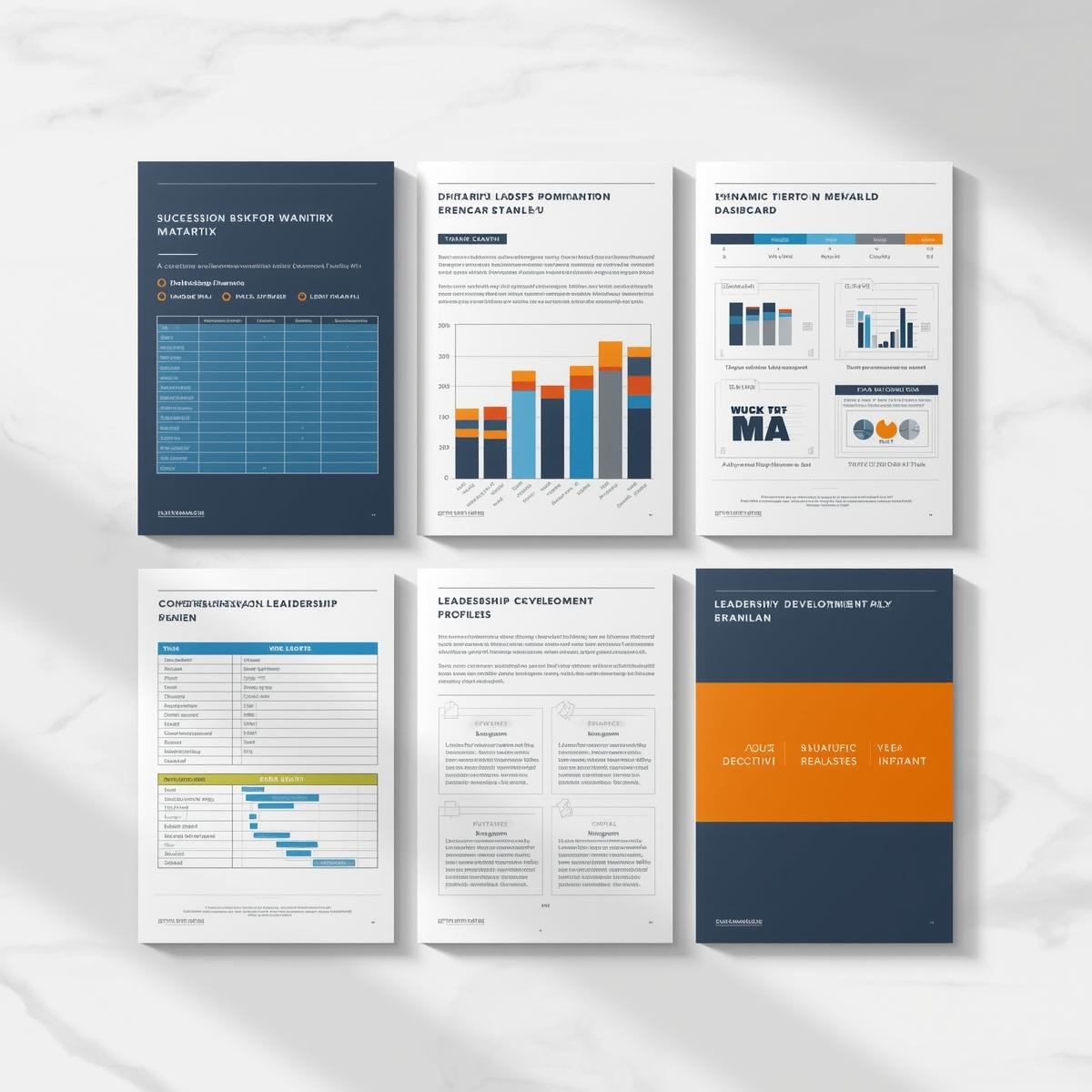 Flat-lay image showcasing the Succession Planning & Leadership Development Kit by Structura Tech Ops. Includes visually organized templates such as a Succession Risk Matrix, Talent Bench Strength Dashboard, Leadership Development Plan, Competency Profile, and internal readiness tracking documents. Displayed on a marble background with brand-aligned deep slate, white, and accent orange tones for a modern, professional look.