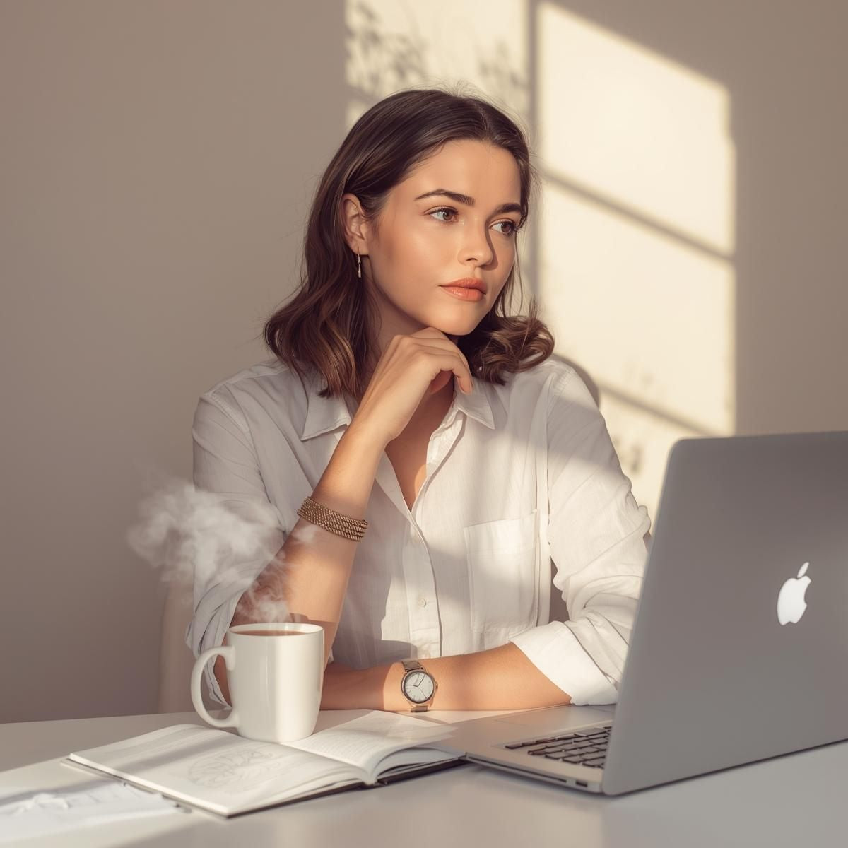 Woman seated at a desk with coffee, laptop, and journal, reflecting with soft determination, symbolizing career transition, renewal, and strategic planning.