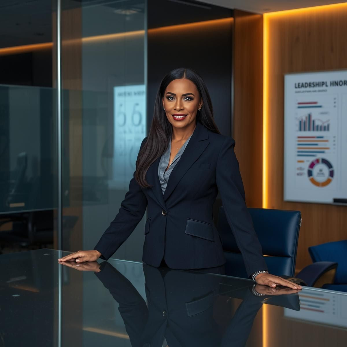Confident woman executive standing in a modern office with strong posture, professional attire, and leadership visuals in the background, symbolizing clarity and presence.